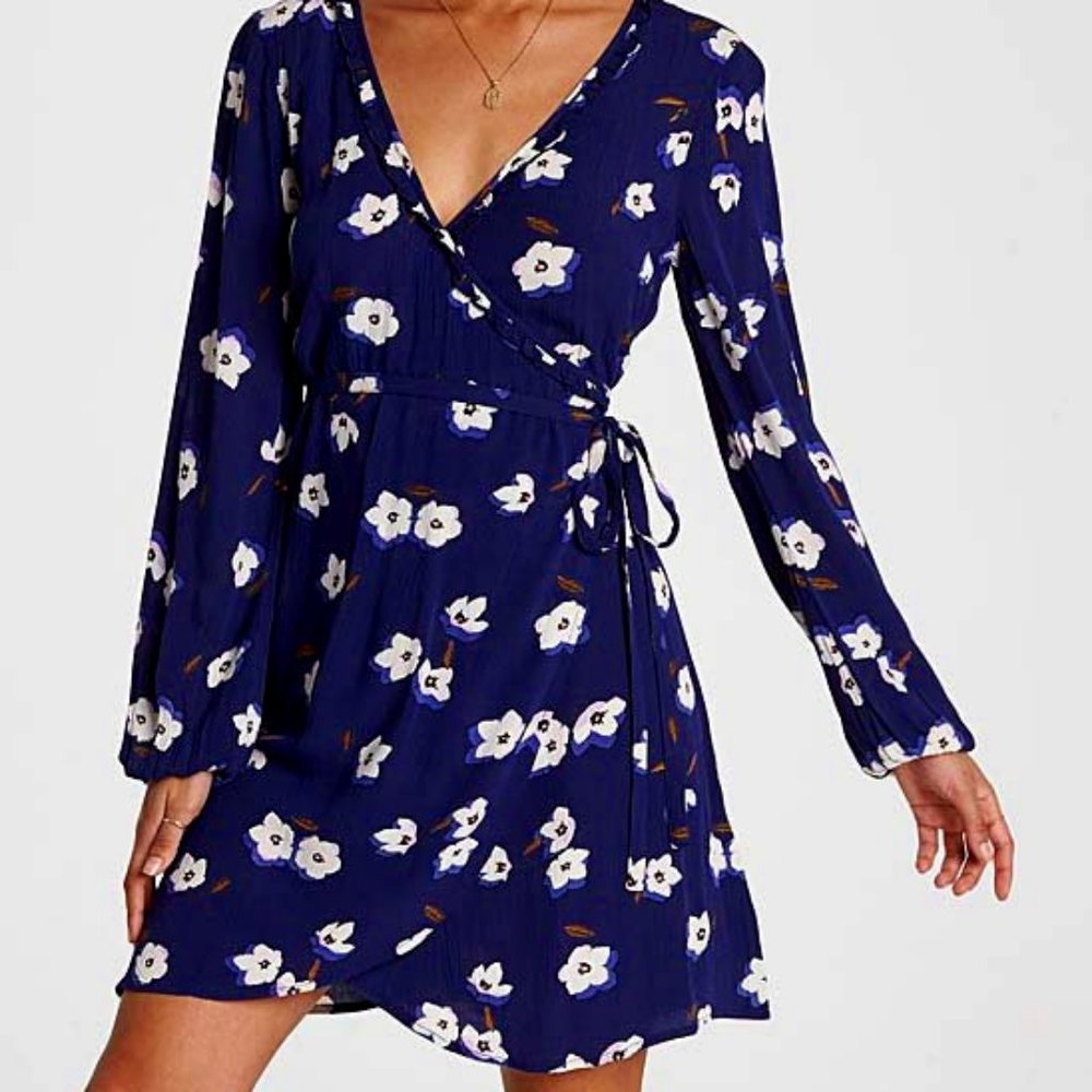 New Billabong Deep Royal & White Floral Ruffled Wrap Dress S (4)